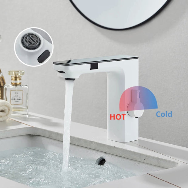 Washbasin Faucet - Sensor control - White - Digital LCD display - Cold and Hot Water - Mixer tap
