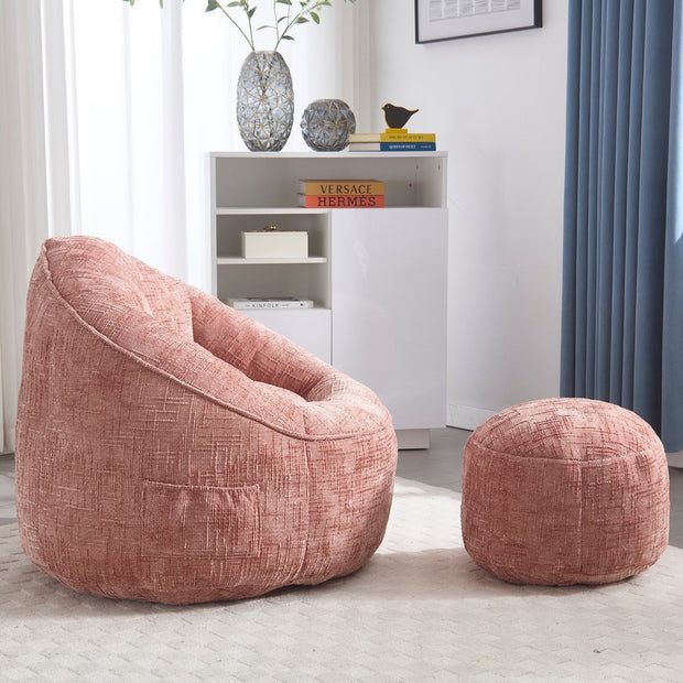 Zitzak Stoel met Voetensteun - Beanbag in Luxe Chenille Stof - Hoge Druk Schuimvulling - Ergonomisch Ontwerp - 89x88x76 cm - Roze