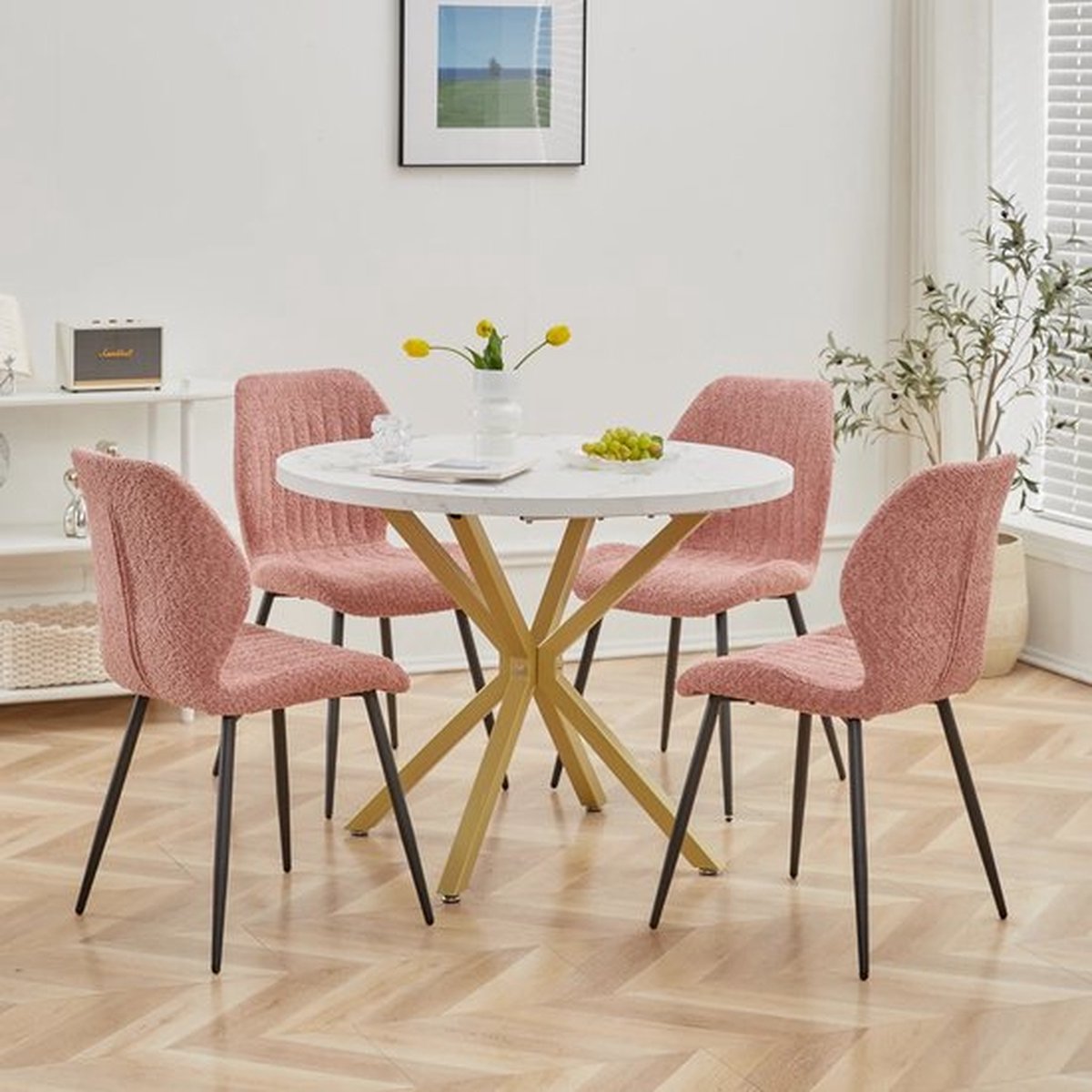 Eettafel - 100 cm - Luxe - Gouden Onderstel - Marmer Look - Rond - Meubels
