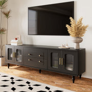 Lowboard - Tv-Meubel in Retrostijl - Gouden Handgrepen - Veel Opbergruimte - Met Glazen deur - en Massief Houten Poten - Zwart