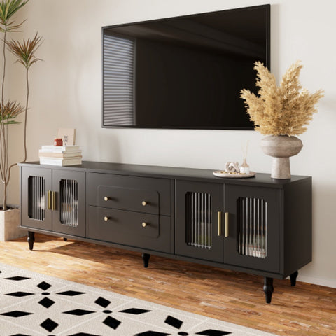 Lowboard - Tv-Meubel in Retrostijl - Gouden Handgrepen - Veel Opbergruimte - Met Glazen deur - en Massief Houten Poten - Zwart