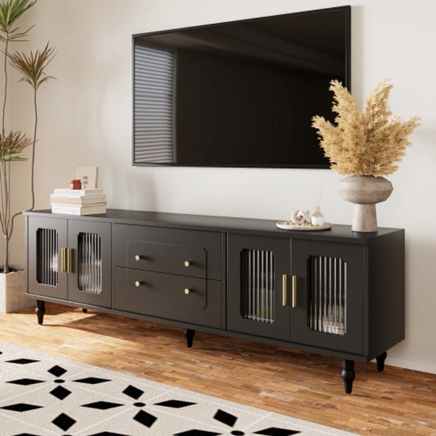 Lowboard - Tv-Meubel in Retrostijl - Gouden Handgrepen - Veel Opbergruimte - Met Glazen deur - en Massief Houten Poten - Zwart
