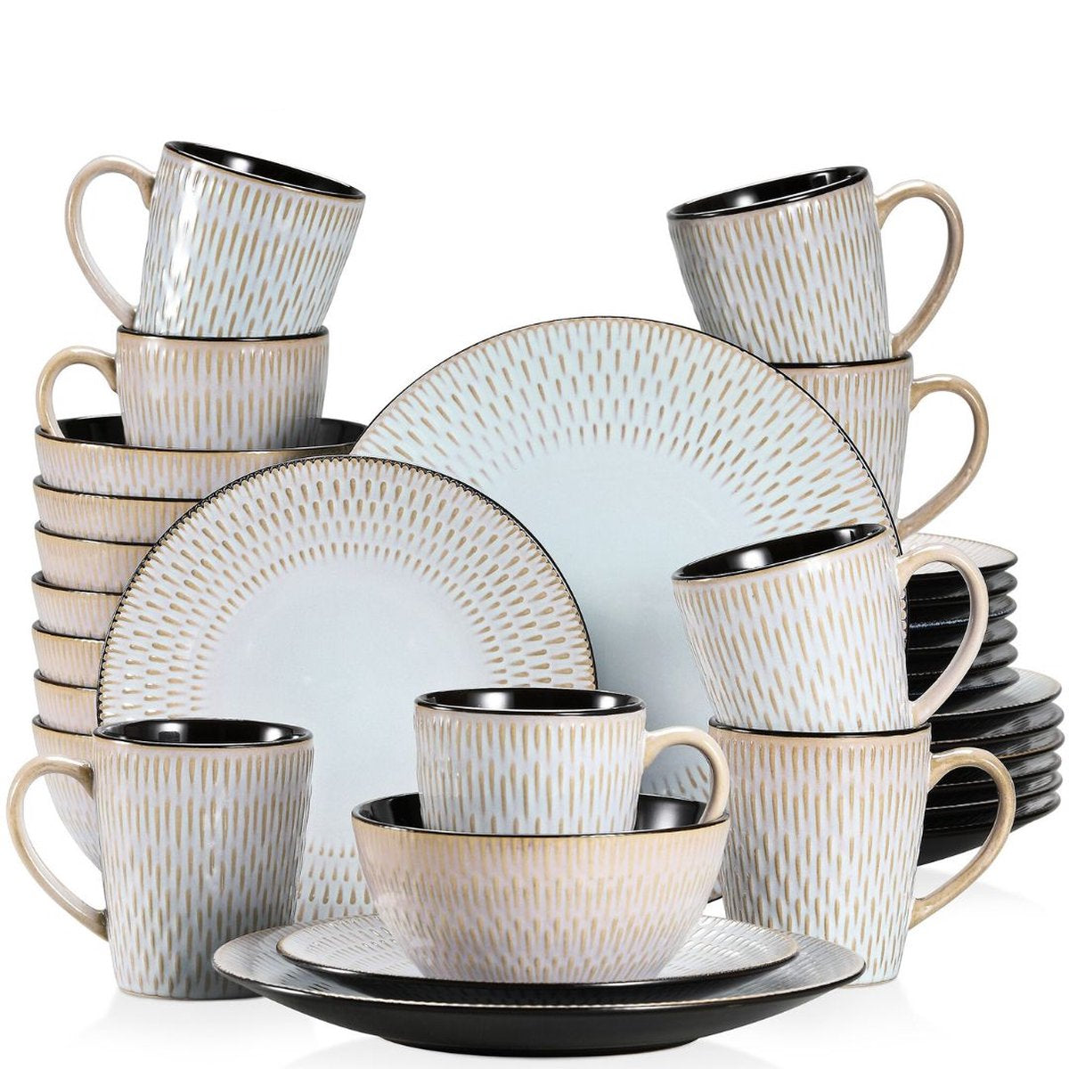 Serviesset – 32 delig – 8 persoons –Porselein - Luxe – Bordenset – Dinner platen – Dessertborden - Kommen - Mokken - Set - Grijs - Pluvo