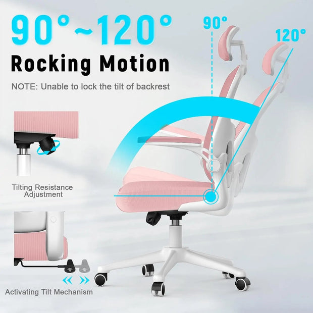 Ergonomische Bureaustoel met Hoofdsteun - Bureaustoelen voor Volwassenen - Office Chair - Gamestoel - Kantoorstoel - Volledig Verstelbaar - Incl. 3D-verstelbare Armleuningen & Verstelbare Lendensteun - Roze