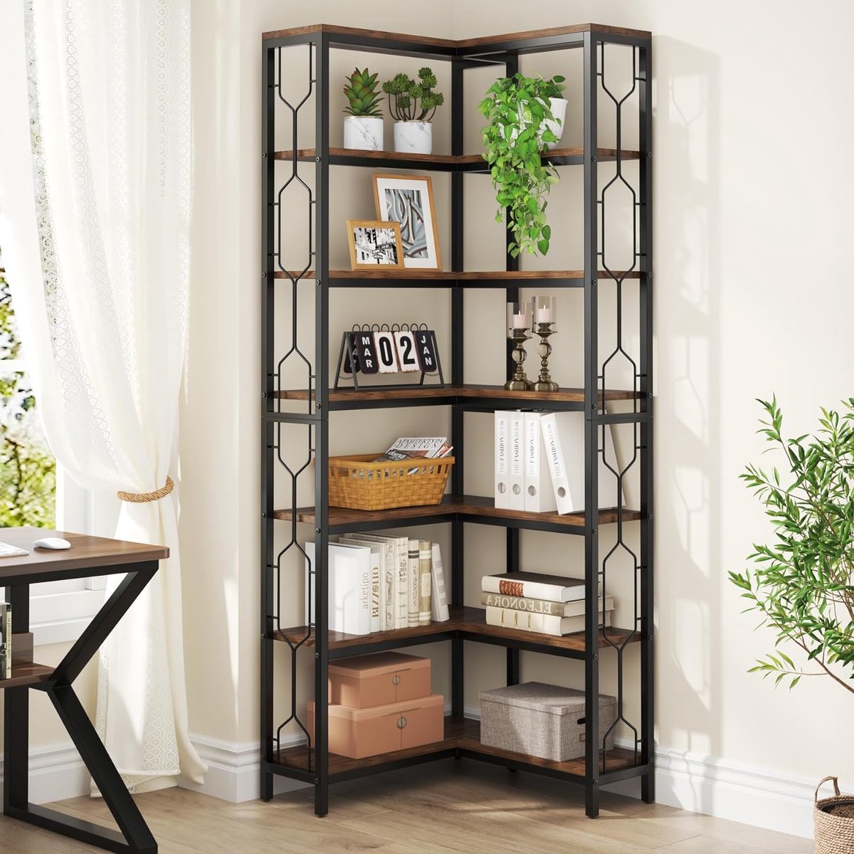 Boekenkast - Hoek Boekenkast met 7 Planken - Industrieel - Spaanplaat - Bruin/Zwart - 60 x 60 x 200 cm