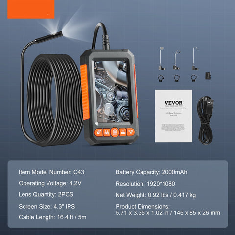 Endoscoopcamera - Endoscoop - 1080p - 5m Kabel - 4.3" Display - Geschikt voor IndustriëLe Inspectie - Zwart