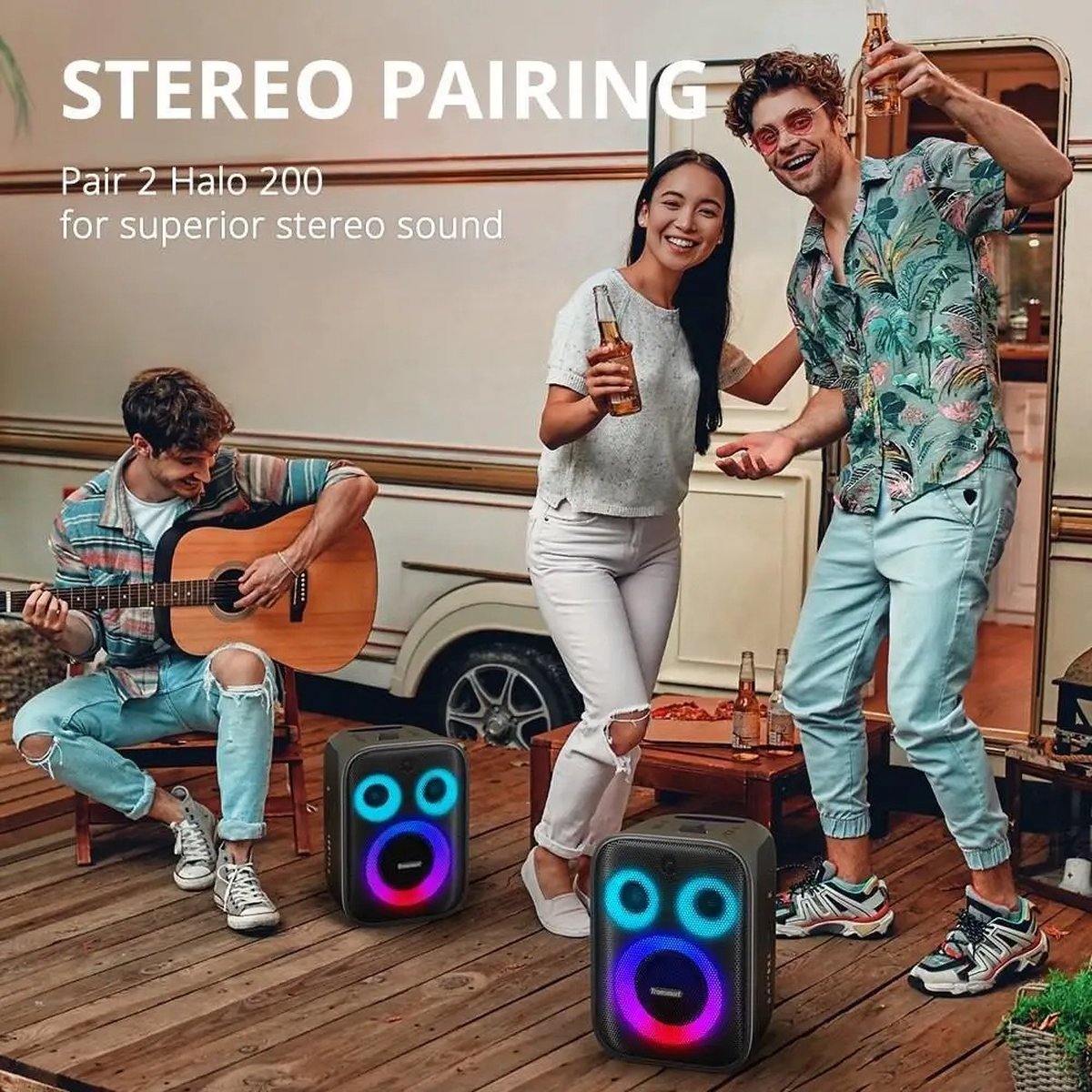 Karaoke Partybox - 3-Weg Speaker - 120 W - 2 Draadloze Microfoons - Verlichting Kleur en Equalizer via App - Mic en Gitaar Input - Zwart