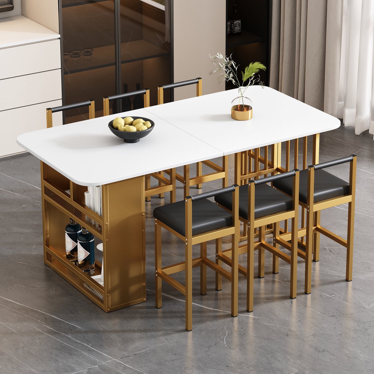 Opvouwbare Eettafel - Multifunctionele Uitschuifbare Eettafel - Beweegbare Eettafel - Uitschuifbare Eettafel met Lades - Eettafel in 3-Vorm - Wit en Goud