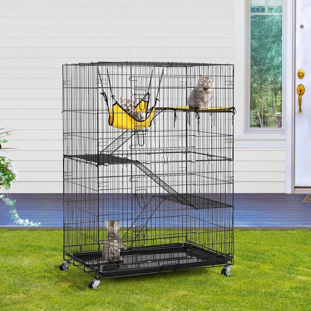 4-niveaus huisdierenkooi met wieltjes - grote kooi- hoogte 123 cm - 2 deuren - Zwart