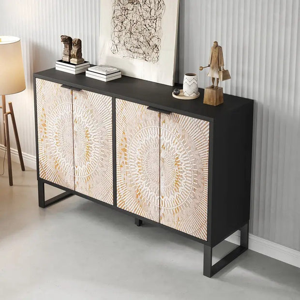 Modern dressoir met geometrisch patroon - Massief hout en metalen handgrepen - Vloermontage - MDF-constructie - Met verstelbare poten