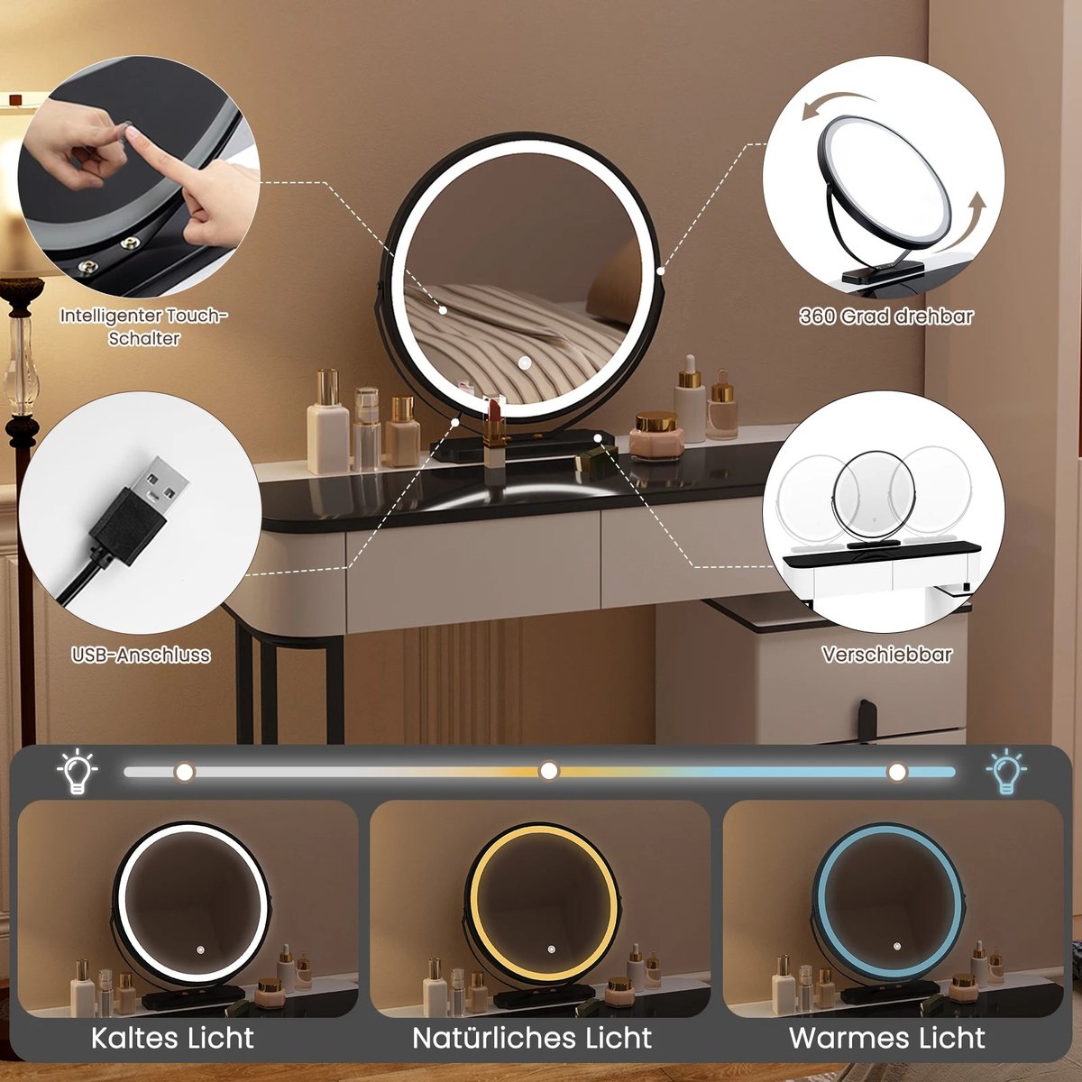 Dressing table - Make up table - Dressing table - Round mirror with LED lighting - Lots of storage space - Black and white - Drawers - Cabinets - 100cm surface - Girls - Women - Multiple configurations possible