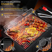 Grillwagen - trolley XL houtskoolbarbecue met deksel - wielen roestvrijstalen handgreep grillrooster en thermometer - ‎45 x 115 x 105 cm - Zwart