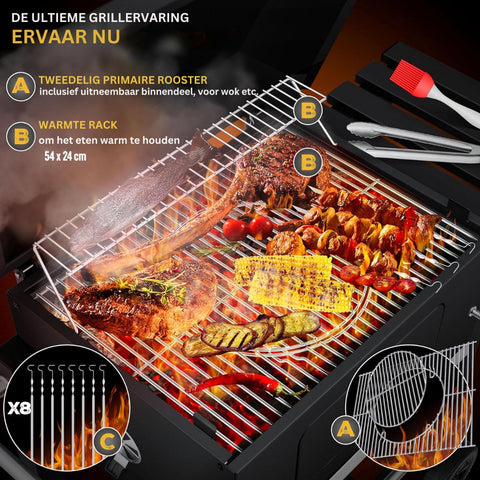 Grillwagen - trolley XL houtskoolbarbecue met deksel - wielen roestvrijstalen handgreep grillrooster en thermometer - ‎45 x 115 x 105 cm - Zwart