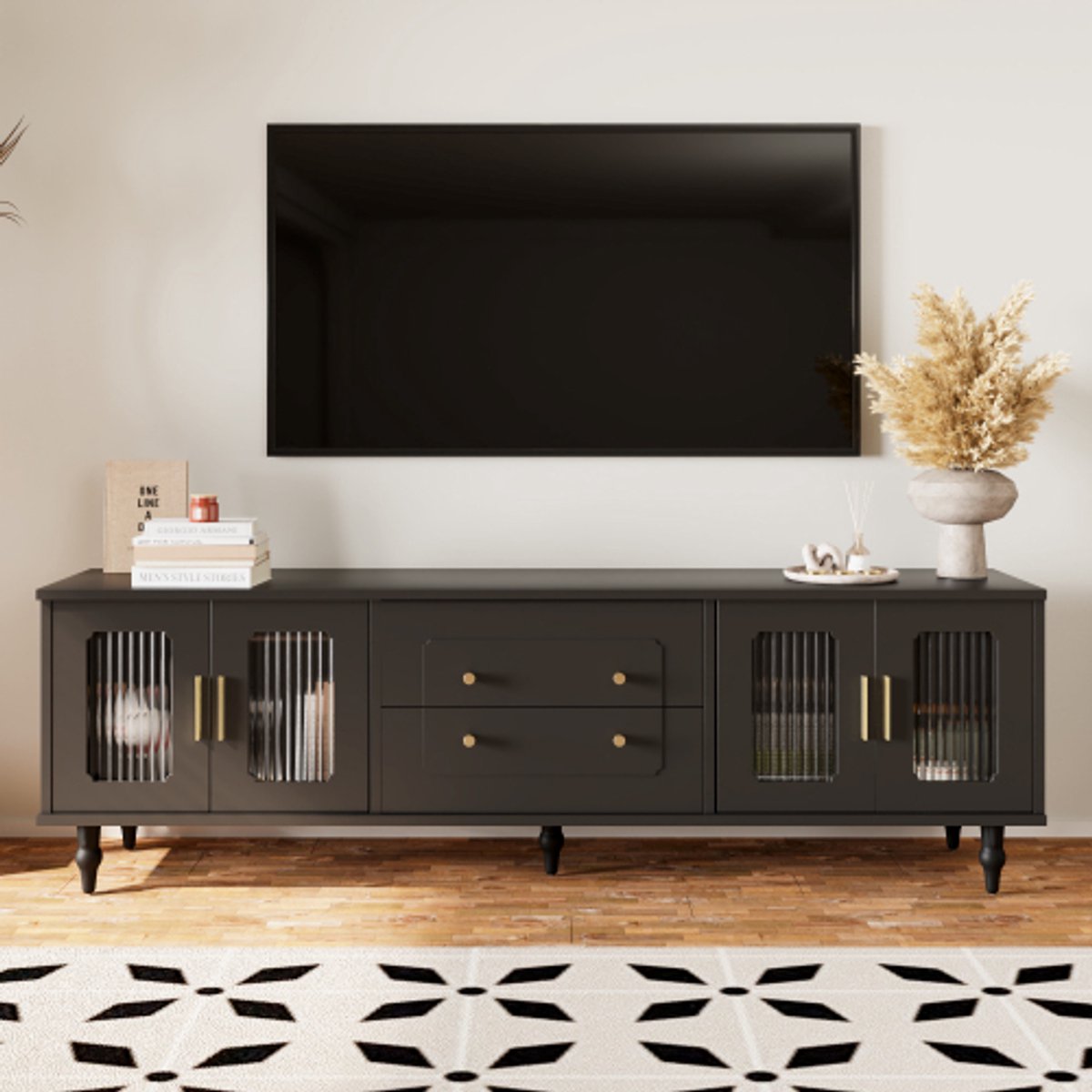 Lowboard - Tv-Meubel in Retrostijl - Gouden Handgrepen - Veel Opbergruimte - Met Glazen deur - en Massief Houten Poten - Zwart