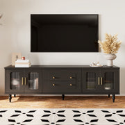 Lowboard - Tv-Meubel in Retrostijl - Gouden Handgrepen - Veel Opbergruimte - Met Glazen deur - en Massief Houten Poten - Zwart