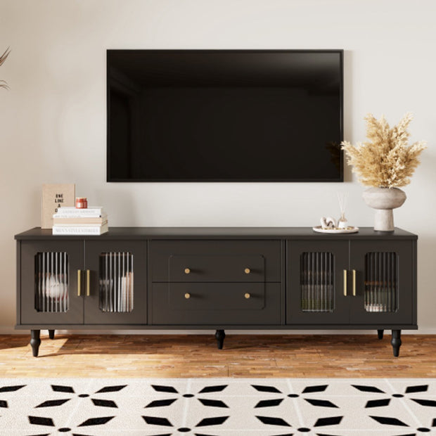 Lowboard - Tv-Meubel in Retrostijl - Gouden Handgrepen - Veel Opbergruimte - Met Glazen deur - en Massief Houten Poten - Zwart