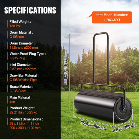Gazonwals - Robuust Stalen Frame - 61 Liter Capaciteit - 99 x 30 x 112 cm  - Eenvoudig in Gebruik en Opbergen - Met U-Vormig Handvat - Voor Tuinen - Boerderijen en Groene Parken