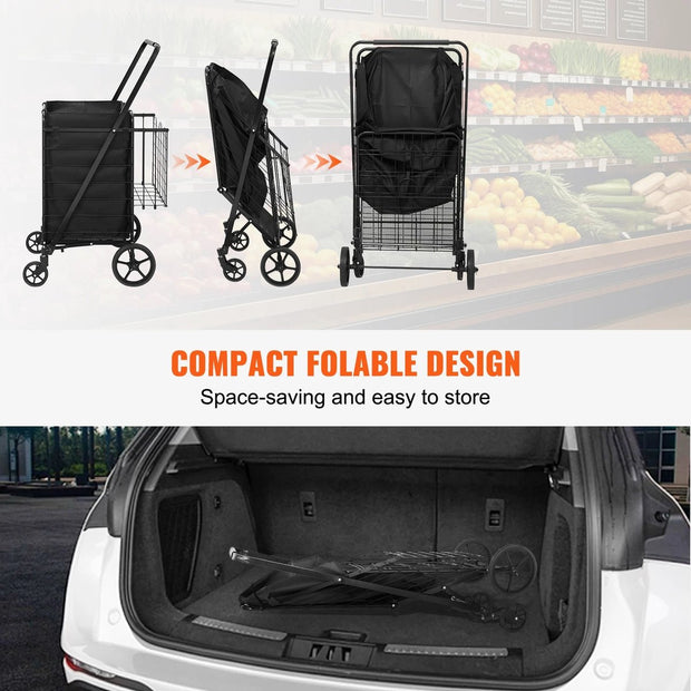 Tumex - Shopping Trolley - Foldable Shopping Cart - Waterproof Lining - 150.5kg Capacity - 360° Swivel Wheels - Extra Rear Basket