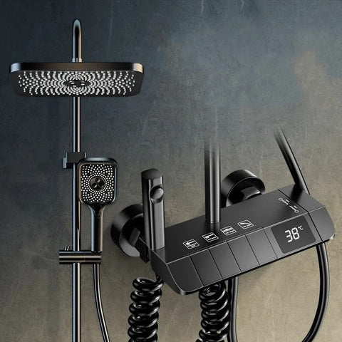 Shower Faucet - Bathroom Shower Faucet - Luxury Shower - Rain Shower Faucet - Piano Shower - Thermostat - 4 Functions - With Digital Display - Pressure Release - Black