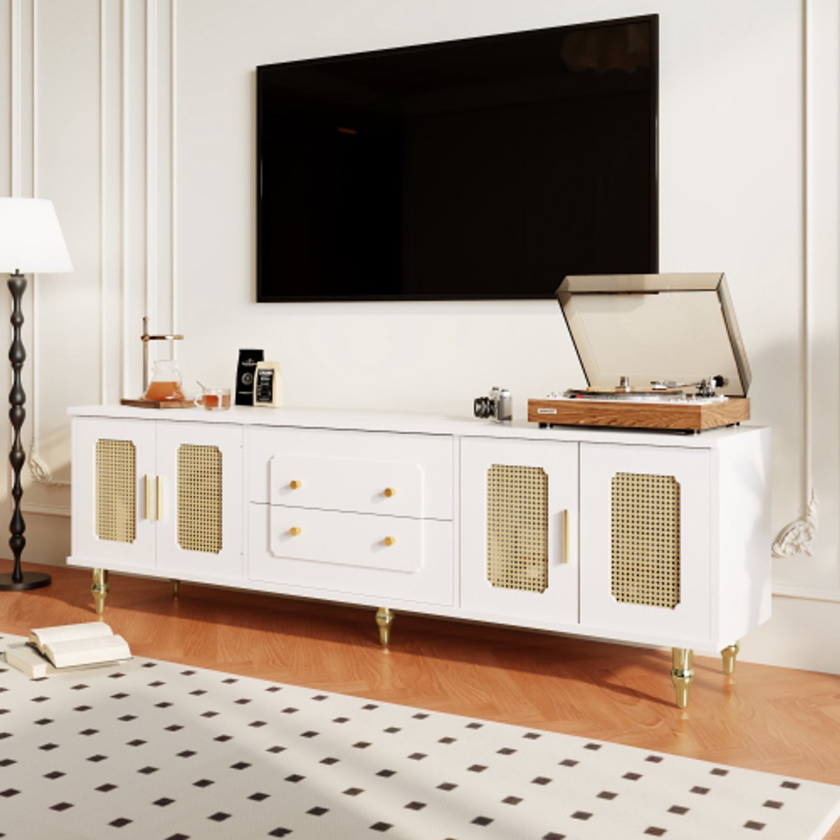 Lowboard - Tv-Meubel in Retrostijl - Gouden Handgrepen - Veel Opbergruimte - Met Rotan Deur - en Metalen Poten - Wit