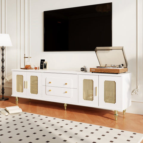 Lowboard - Tv-Meubel in Retrostijl - Gouden Handgrepen - Veel Opbergruimte - Met Rotan Deur - en Metalen Poten - Wit