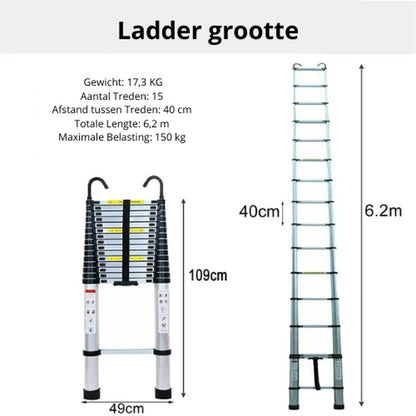 Telescopische Ladder - 6.2 Meter - Afneembare Haken - Uitschuifbare Treden - Opvouwbare - Antislip Voeten - Klussen - Trap