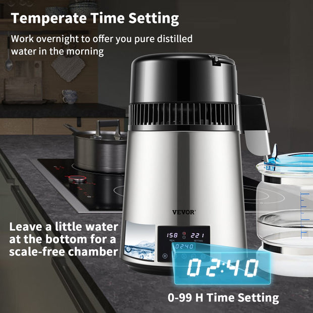 Water Distilleerder-1.5 L/uur - 4L Destilleerketel-Roestvrij Staal - 1750W Destilleerapparaat met Dubbele Temperatuurweergave - Reinigingspoeder voor Glazen Karaf 3 Carbon Packs