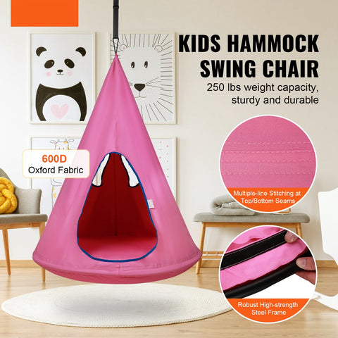 Kinderhangstoel - Duurzaam 600D Oxford Materiaal - 360° Nest Design - 113 Kg Draagvermogen - Met Verstelbaar Ophangtouw En Vierkleurige LED-Randverlichting - Geschikt Voor Binnen En Buiten - Roze