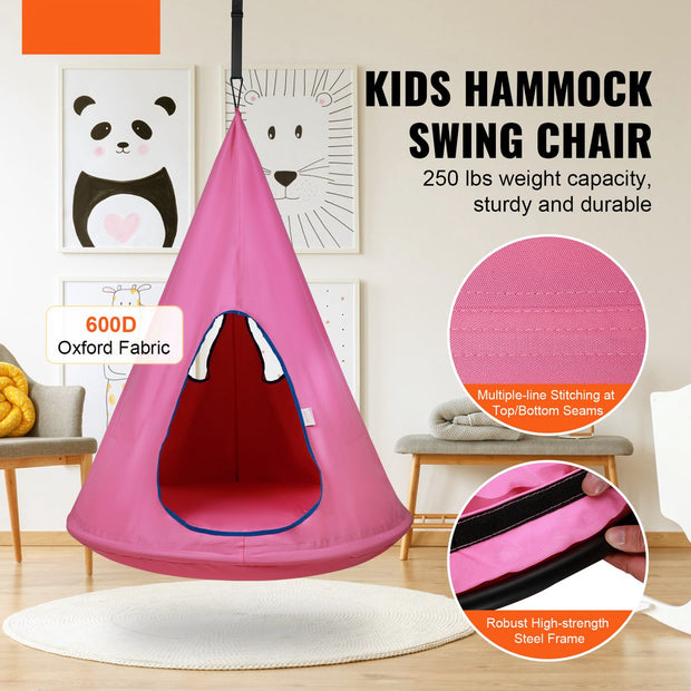 Kinderhangstoel - Duurzaam 600D Oxford Materiaal - 360° Nest Design - 113 Kg Draagvermogen - Met Verstelbaar Ophangtouw En Vierkleurige LED-Randverlichting - Geschikt Voor Binnen En Buiten - Roze