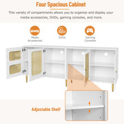 Elegant White Rattan - TV Cabinet - 180x40x72cm - met 4 Rotan Deuren - in Hoogte Verstelbare Planken - en Kabelbeheer - voor Maximaal 80 inch Televisies - Tv-Kasten - Lowboards