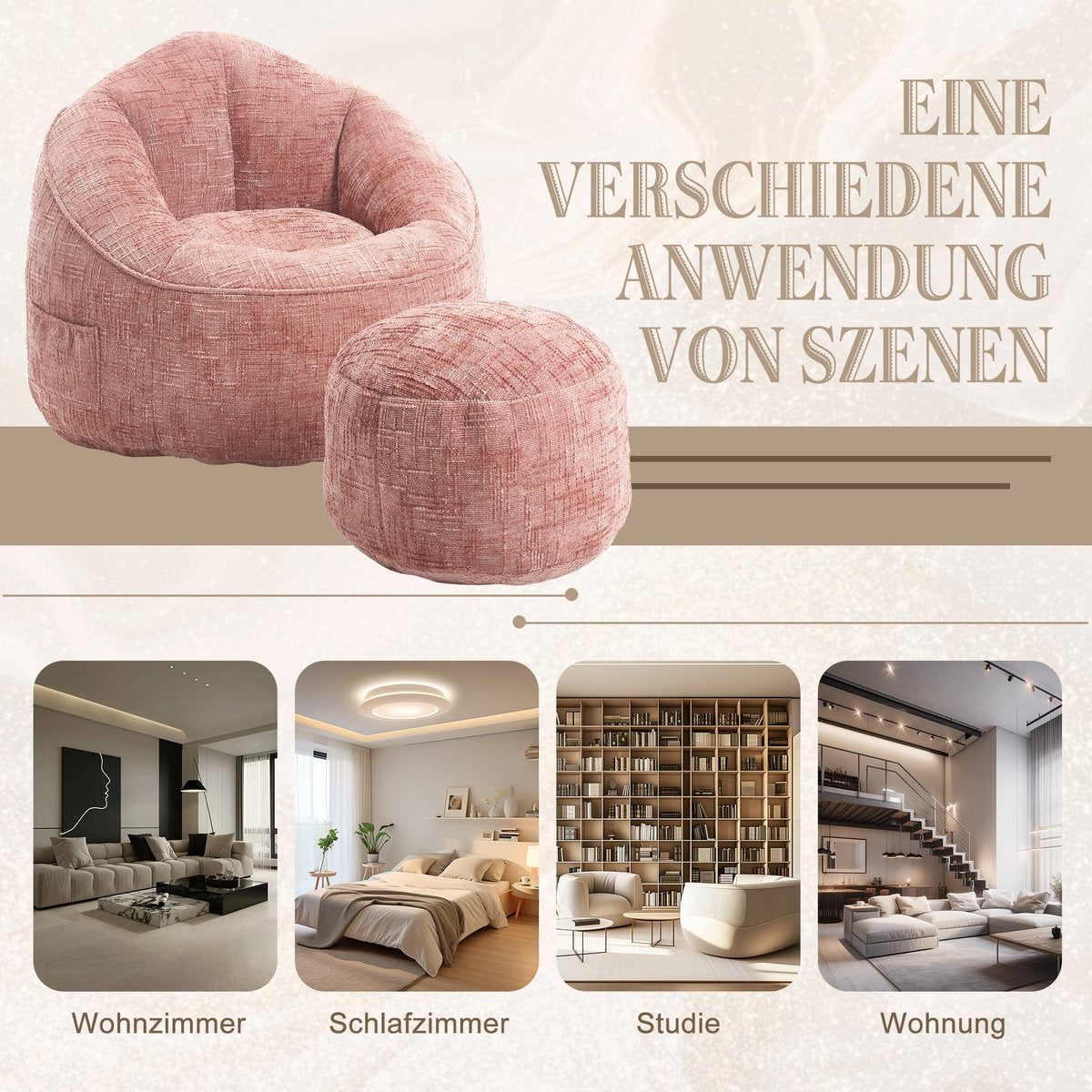 Zitzak Stoel met Voetensteun - Beanbag in Luxe Chenille Stof - Hoge Druk Schuimvulling - Ergonomisch Ontwerp - 89x88x76 cm - Roze