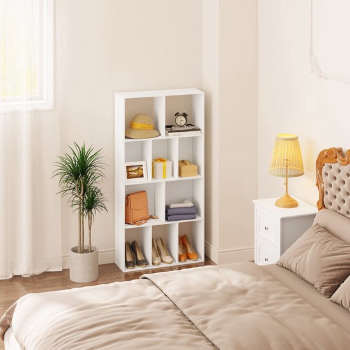Scandinavische Boekenkast - Opbergkast of Ladderrek - Spaanplaat - 4-Laags Boekenkast - Boekenplankkast - Kubuskast met 10 Open Compartimenten - voor het Tentoonstellen van Boeken in de Woonkamer - 60x20x120 cm - Wit