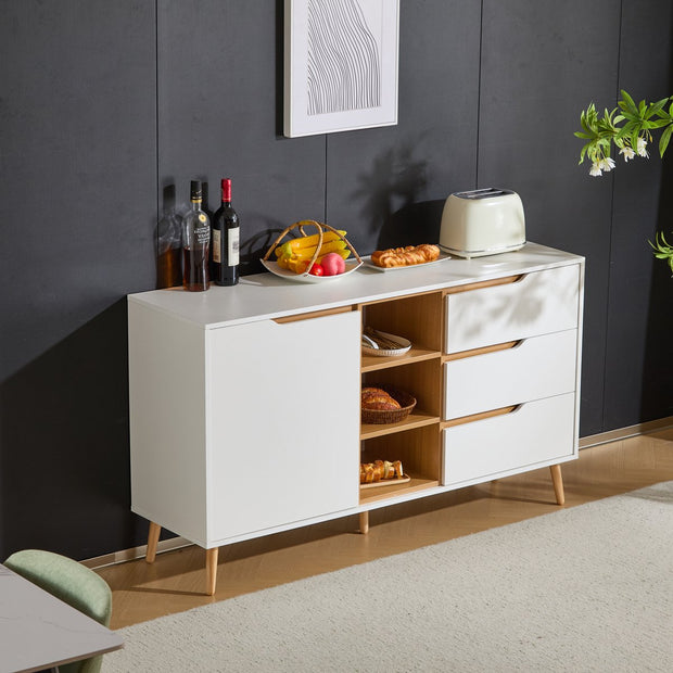 Moderne witte dressoirkast – 140x40x80,5 cm – Opbergkast met 3 lades, open compartimenten en planken – Dressoir met kantelbeveiliging – Voor woonkamer, hal of slaapkamer