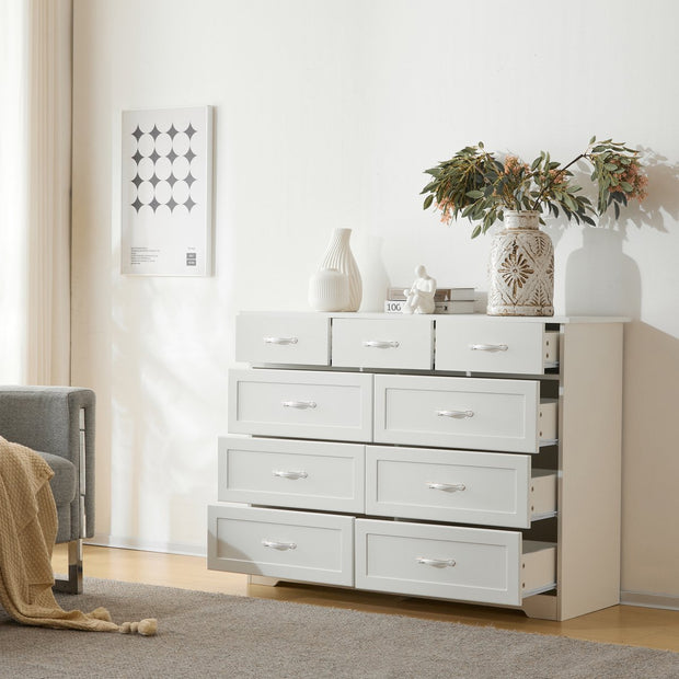 Witte Ladekast met 9 Lades – Grote Opbergkast 120x40x88 cm – Gelakt Halmeubel met Golvend Design en Slagvaste Hoeken – Voor Woonkamer, Badkamer of Slaapkamer