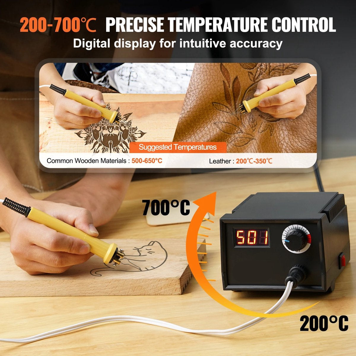 Houtbranderset Pro6 - Hoogwaardige Set - Instelbaar tot 700°C - Digitaal Display - 23 Verschillende Draadpunten - Houder - Soldeerbout - Graveerset - Hout en Leer