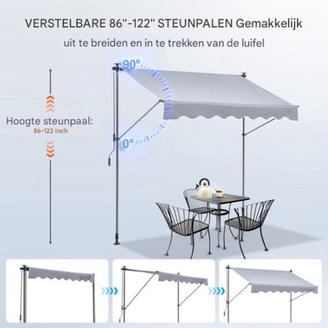Balkonluifel - uitschuifbaar klemluifel - 3x1,2m knikarmscherm - in hoogte verstelbaar van 2,2 tot 3,1m