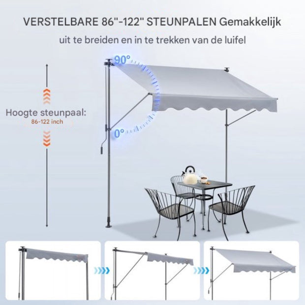 Balkonluifel - Handmatig Intrekbare Luifel - Uitschuifbaar Klemluifel - 3x1,2m Knikarmscherm - in Hoogte Verstelbaar van 2,2 tot 3,1m - Buiten Uitschuifbare Patio Luifel Zonnescherm - Verstelbaar met 39" Zonnescherm Gordijn - voor Achtertuin