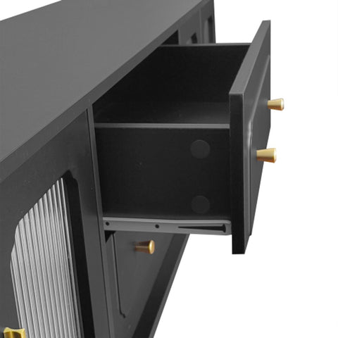 Lowboard - Tv-Meubel in Retrostijl - Gouden Handgrepen - Veel Opbergruimte - Met Glazen deur - en Massief Houten Poten - Zwart