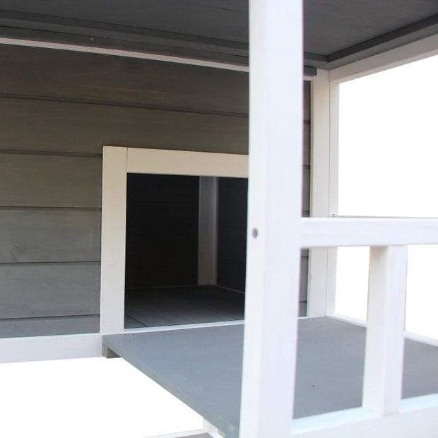 Kattenhuis - voor Buiten – Weerbestendig Houten Hok - met 2 Verdiepingen – Ruime Kooi - Bench en Ren – Duurzaam en Comfortabel – Grijs