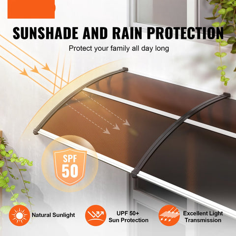 Luifel voor Ramen en Deuren - 6mm Dikke - PC-Zonweringspanelen - UPF 50+ Bescherming - Waterdichte - Eenvoudige Installatie - Bruine Printplaat - Zwarte Beugels - Geschikt voor Buiten (38x78 Inch)