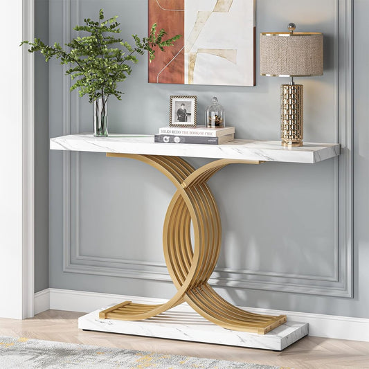 Modern Console Tafel - Dressoirtafel - met Geometrische Metalen Poten - Bijzettafel - Nep-Marmer en Metaal - Wit en Goud - 30 x 100 x 80 cm