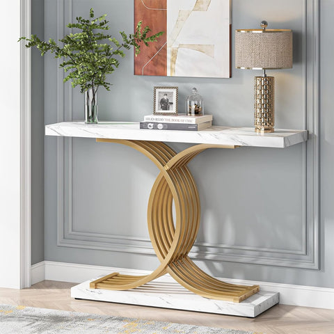 Modern Console Tafel - Dressoirtafel - met Geometrische Metalen Poten - Bijzettafel - Nep-Marmer en Metaal - Wit en Goud - 30 x 100 x 80 cm