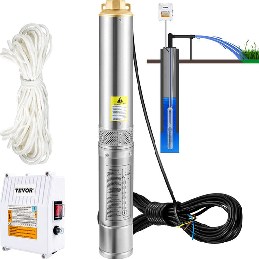 Diepe Bronpomp - Stroom 110L/min - 370W - Maximale Opvoerhoogte van 44 m - met Externe Schakelkast en 20 m Stroomkabel - met Terugslagklep en Filter - IP68 - Voor Regentonnen  Reservoirs - Kanalen - Rivieren - Zilver