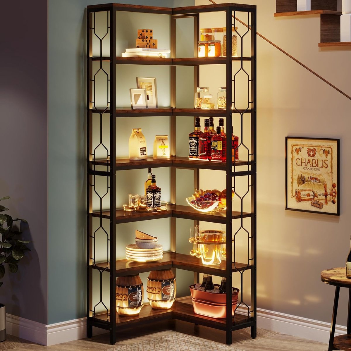 Boekenkast - Hoek Boekenkast met 7 Planken - Industrieel - Spaanplaat - Bruin/Zwart - 60 x 60 x 200 cm