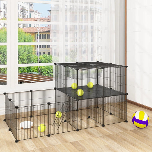Huisdierkooi - Huisdierhok - Verstelbaar en Opvouwbaar - 2 Verdiepingen - Zwart - 140x70x70cm - Konijn - Hond - Kennel