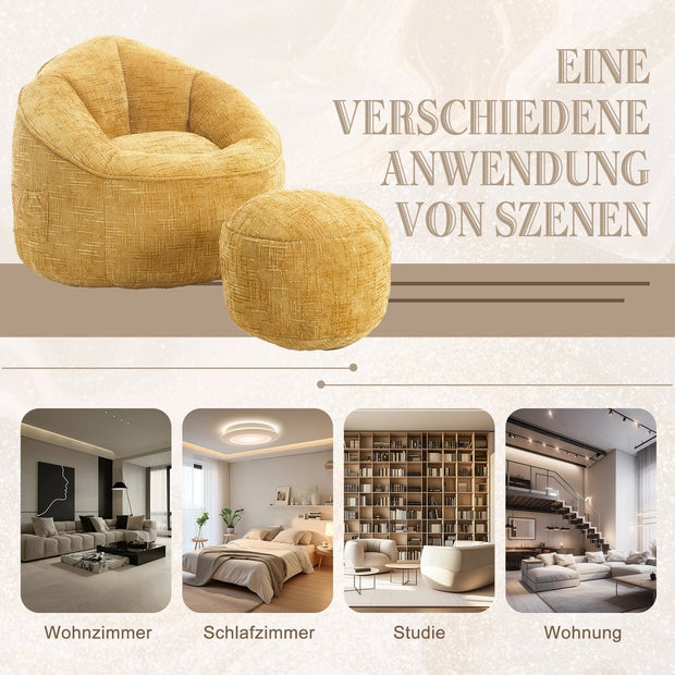 Zitzak Sofa met Voetensteun - Luxe Chenille Bean Bag Stoel -- Ergonomische Loungestoel met Hoge Rugleuning – Comfortabele Fauteuil - Geel