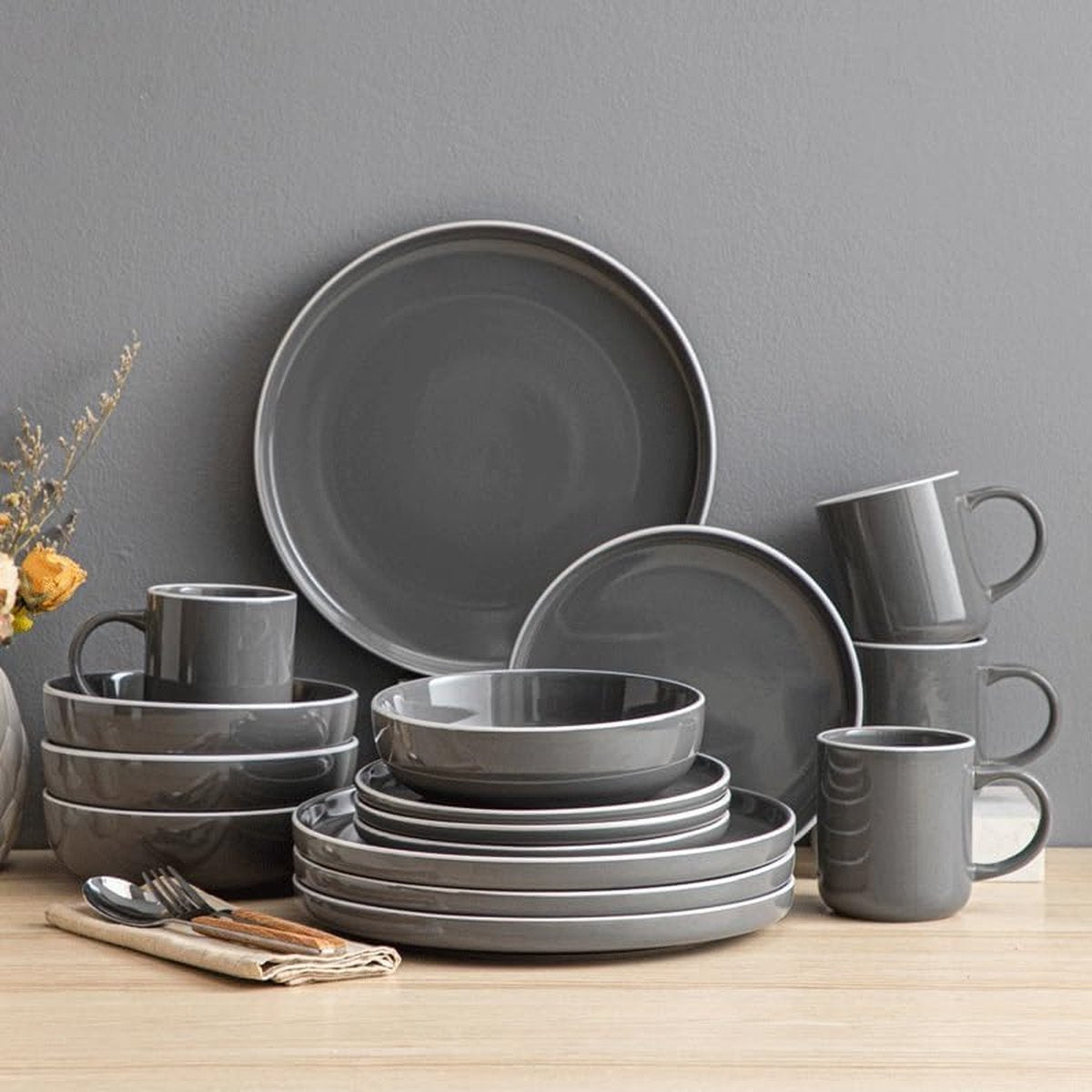 Luxe Serviesset – 16 delig – 4 persoons – Porselein - Bordenset – Dinner platen – Dessertborden - Kommen - Mokken - Grijs