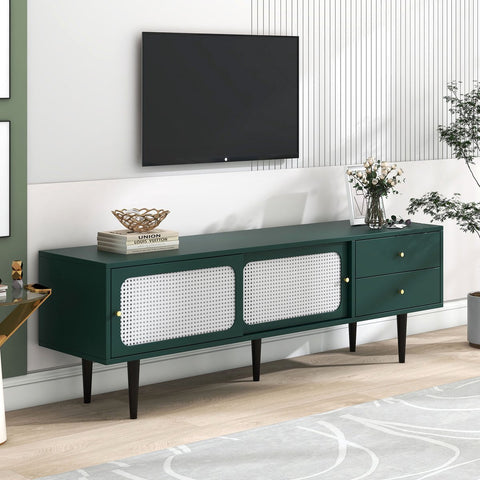 TV-Meubel - Groen met Wit Rotan - met 2 Rotan Schuifdeuren - 2 Laden - 4 Vakken met Verplaatsbare Planken