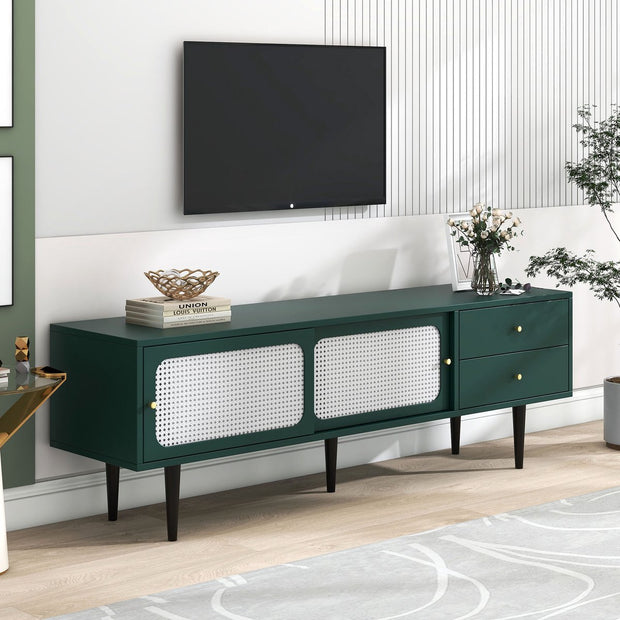 TV-Meubel - Groen met Wit Rotan - met 2 Rotan Schuifdeuren - 2 Laden - 4 Vakken met Verplaatsbare Planken