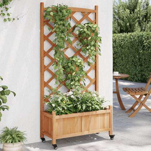 Plantenbak met klimrek - Bloembak - Weerbestendig - Plantenrek - Met trellis - Met wieltjes - Buiten - Hout - 91 Liter - Bruin